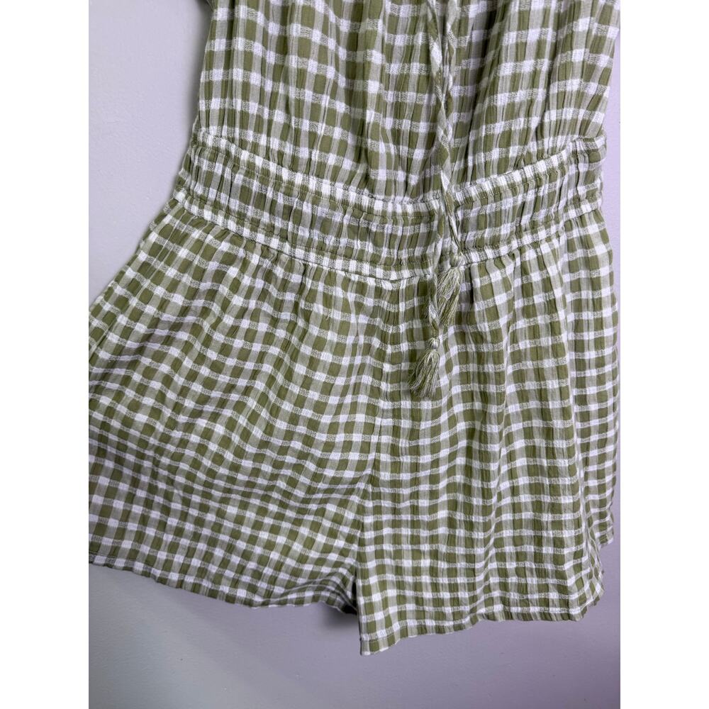 American Eagle Olive Green Gingham Off Shoulder Romper Elastic Waist Large - Picture 3 of 5